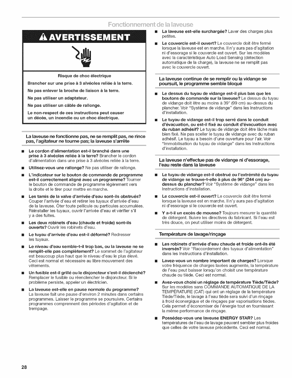 Température de lavage/rinçage, A avertissement | Kenmore W10026670B User Manual | Page 28 / 32
