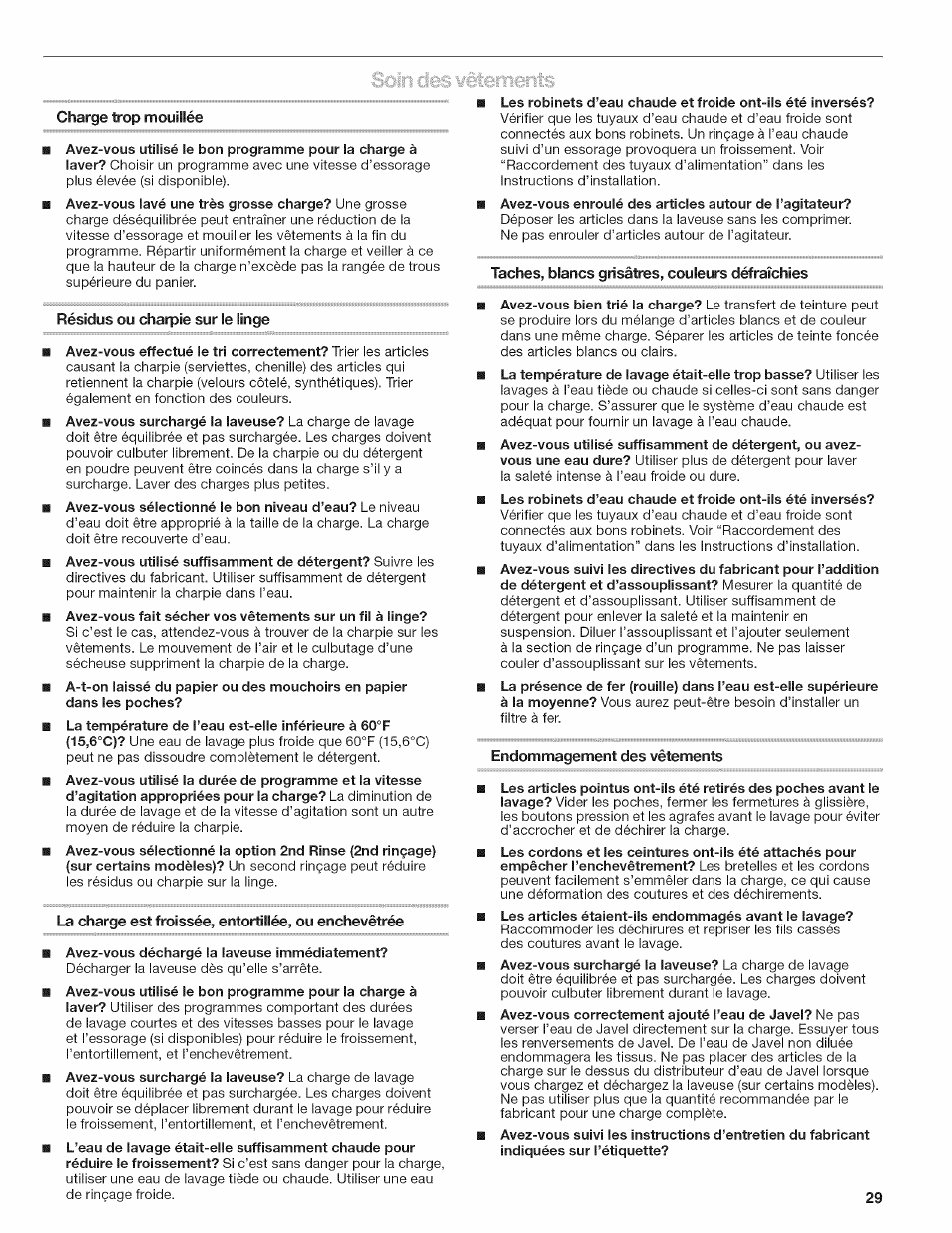 Résidus ou charpie sur le linge, Taches, blancs grisâtres, couleurs défraîchies, Endommagement des vêtements | Kenmore W10026670B User Manual | Page 29 / 32