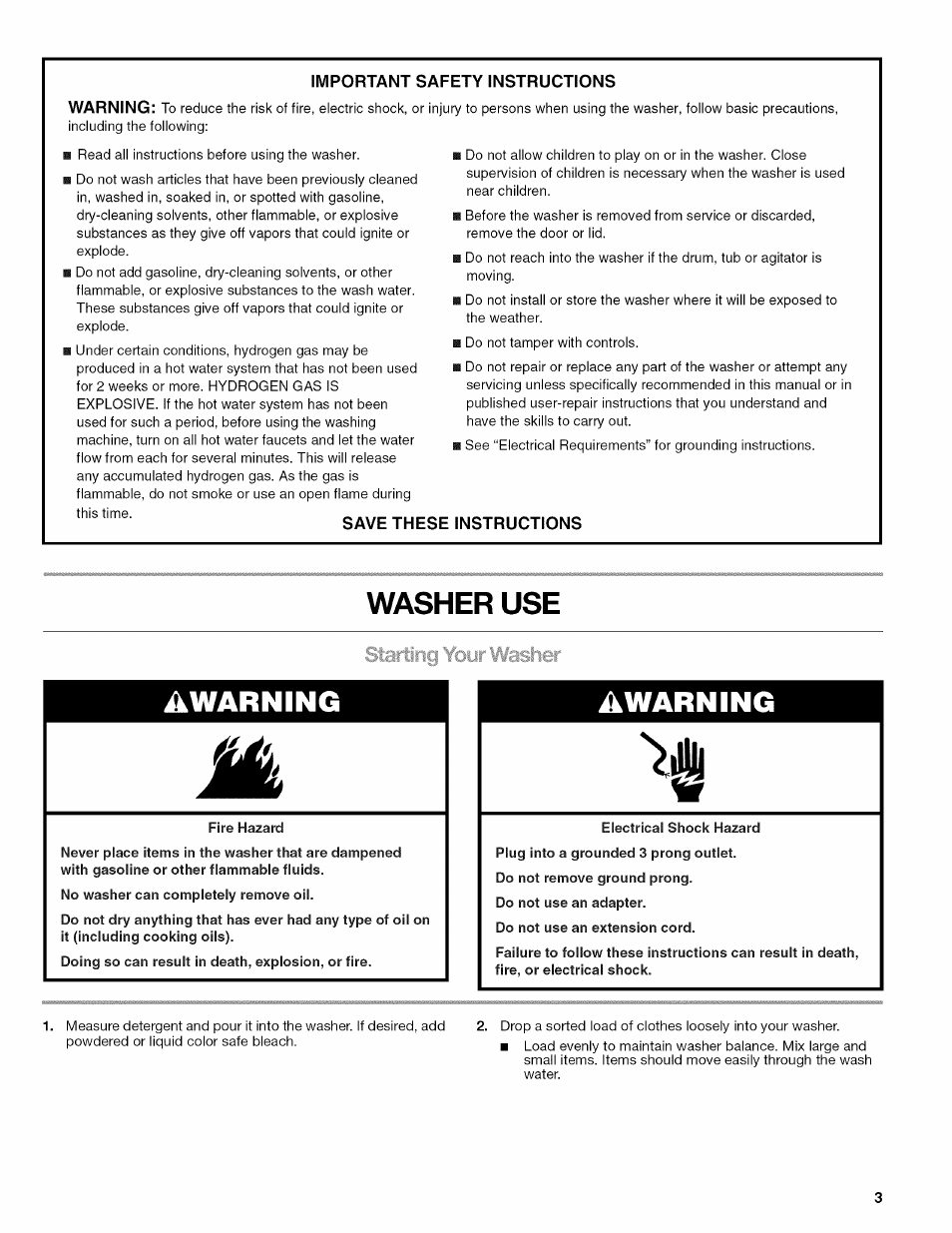 Washer use, Awarning | Kenmore W10026670B User Manual | Page 3 / 32