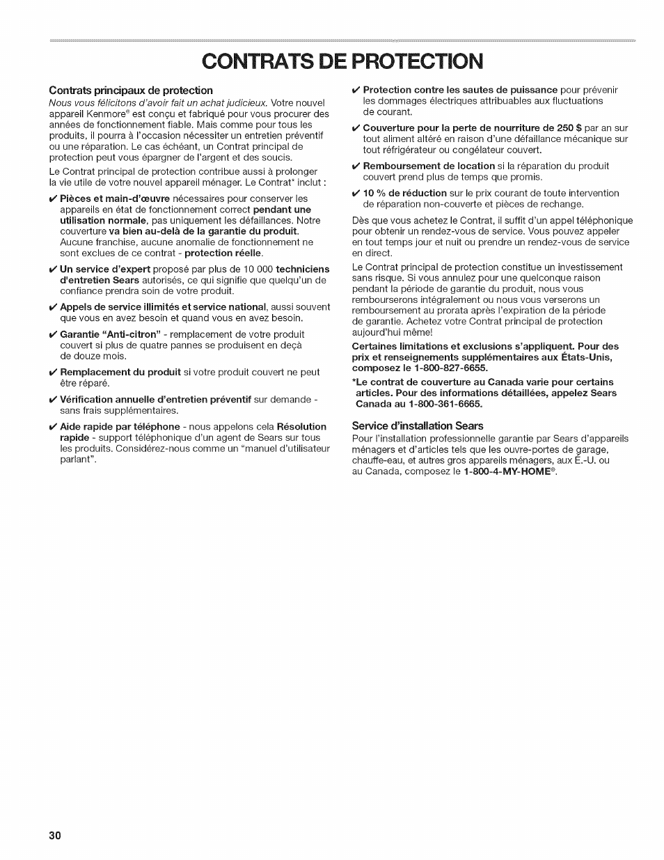Contrats principaux de protection, Service d’installation sears, Contrats de protection | Kenmore W10026670B User Manual | Page 30 / 32