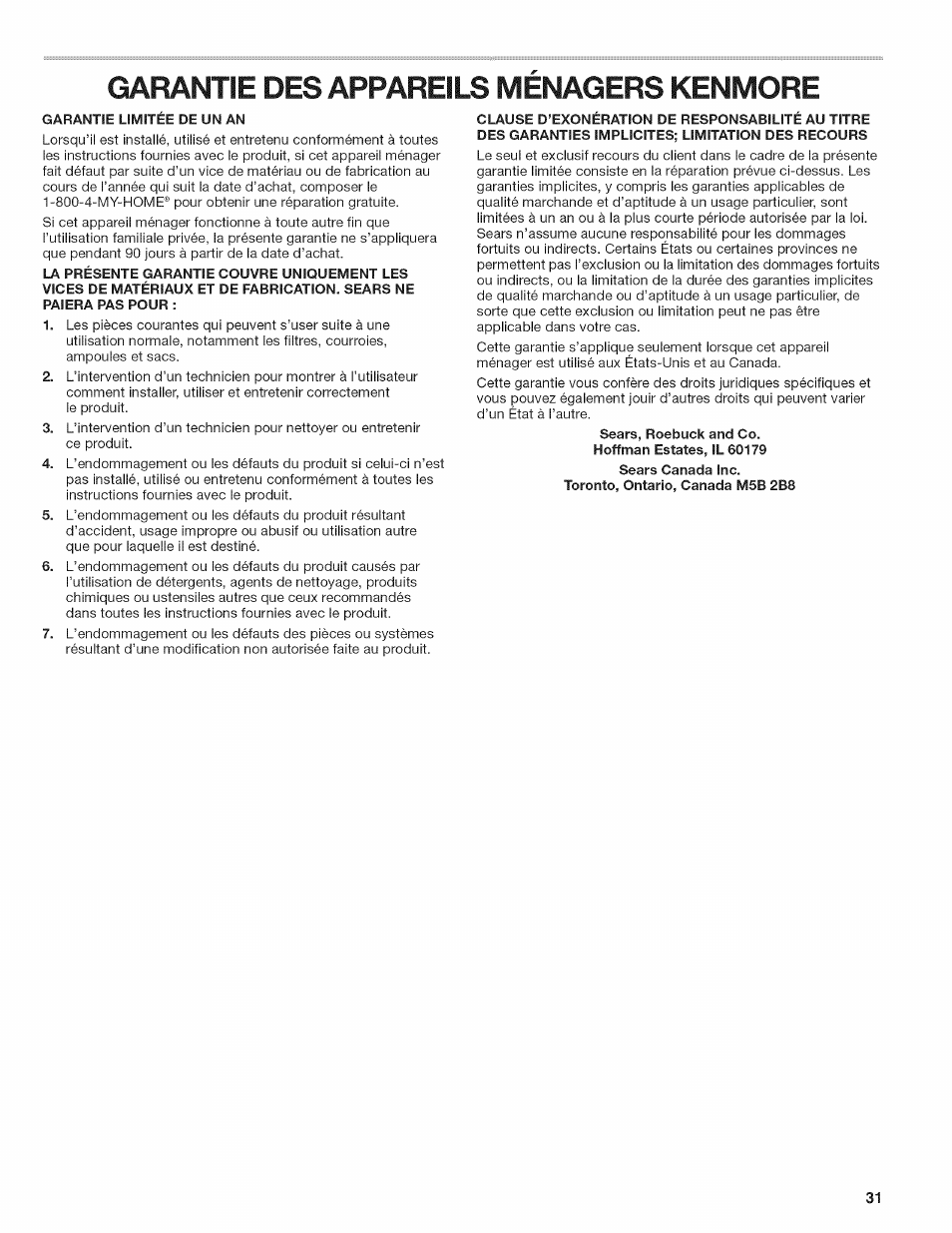 Garantie des appareils menagers kenmore | Kenmore W10026670B User Manual | Page 31 / 32