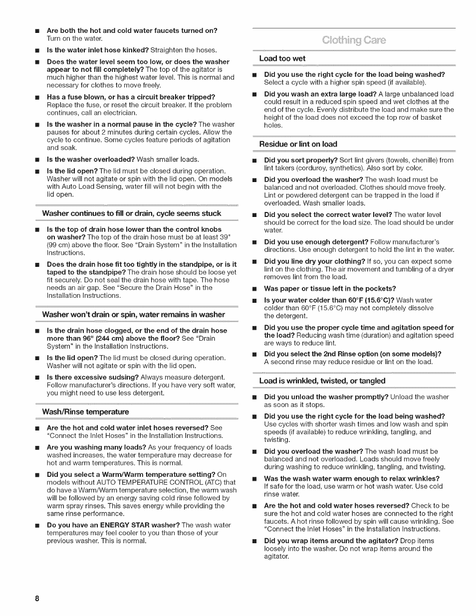 Wash/rinse temperature, Load too wet, Residue or lint on load | Load is wrinkled, twisted, or tangled | Kenmore W10026670B User Manual | Page 8 / 32