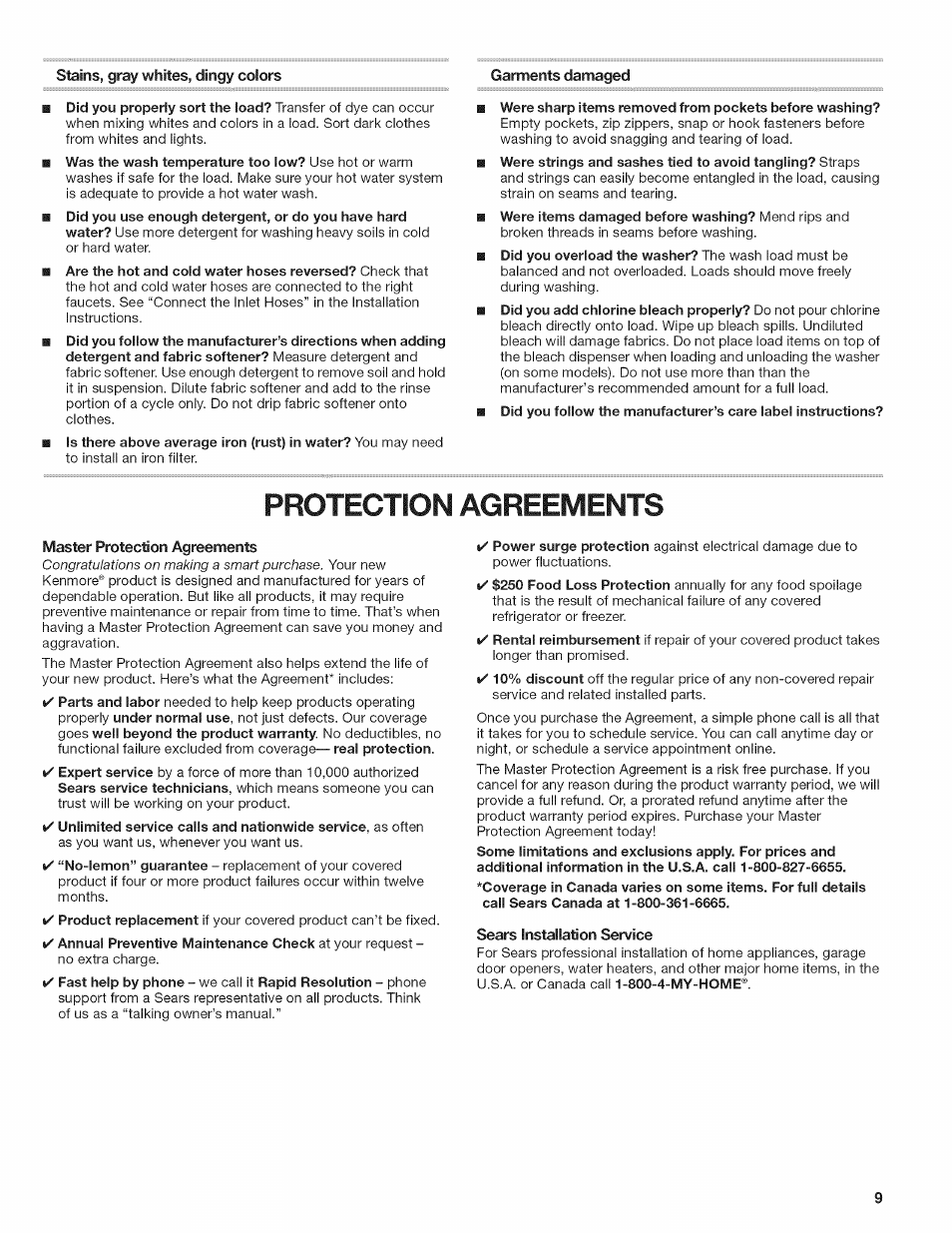 Master protection agreements, Sears installation service, Protection agreements | Kenmore W10026670B User Manual | Page 9 / 32