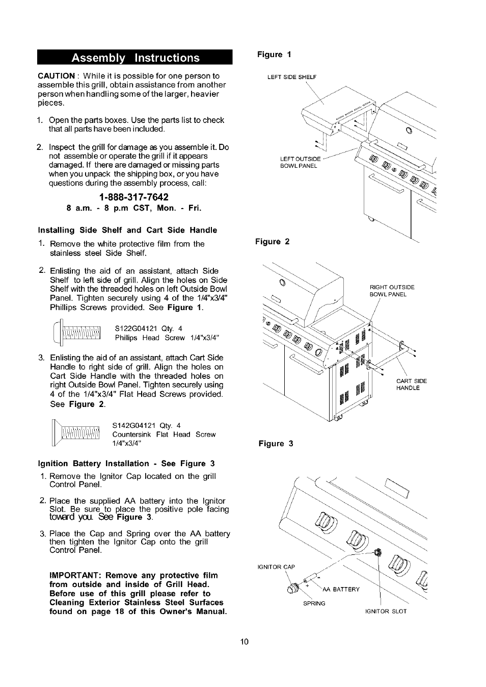 8 a.m p.m cst, mon, Installing side shelf and cart side handle, Ignition battery installation - see figure 3 | Assembly instructions, Toward you. see | Kenmore ELITE 141.16681 User Manual | Page 10 / 34