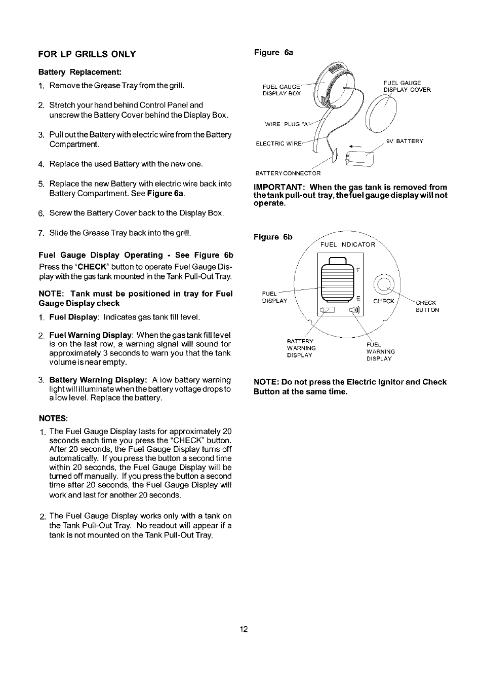 Battery replacement, Fuel gauge display operating • see figure 6b, Note: tank must be positioned in tray for fuel | Kenmore ELITE 141.16681 User Manual | Page 12 / 34