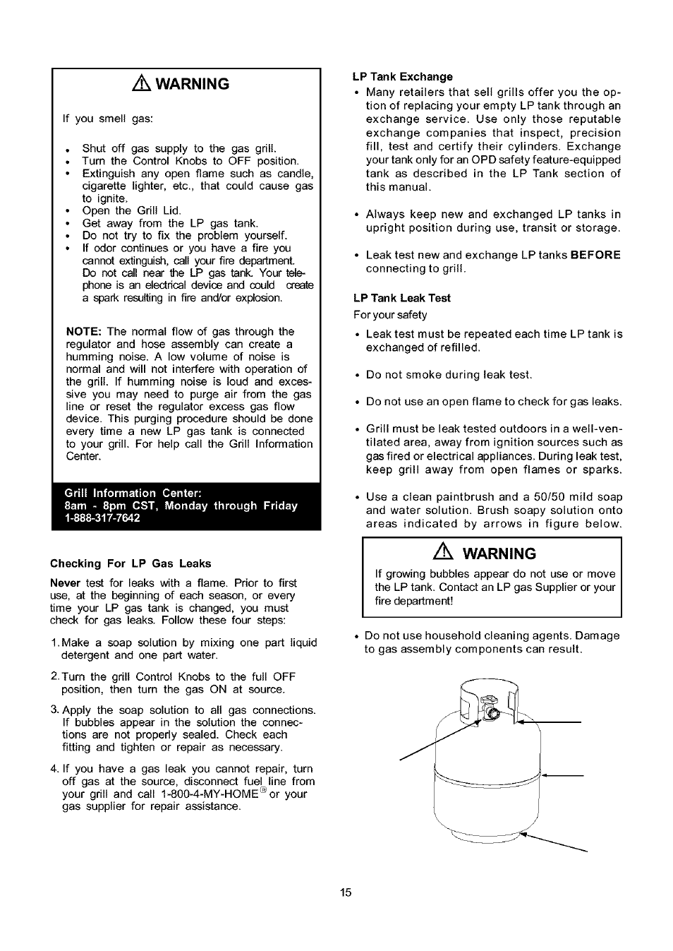 A warning, Grill information center, Checking for lp gas leaks | Lp tank exchange, Lp tank leak test, Warning | Kenmore ELITE 141.16681 User Manual | Page 15 / 34