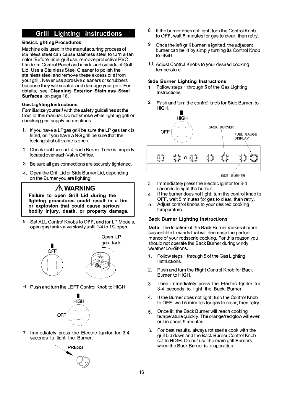 Grill lighting instructions, Side burner lighting instructions, Back burner lighting instructions | Lighting instructions | Kenmore ELITE 141.16681 User Manual | Page 16 / 34