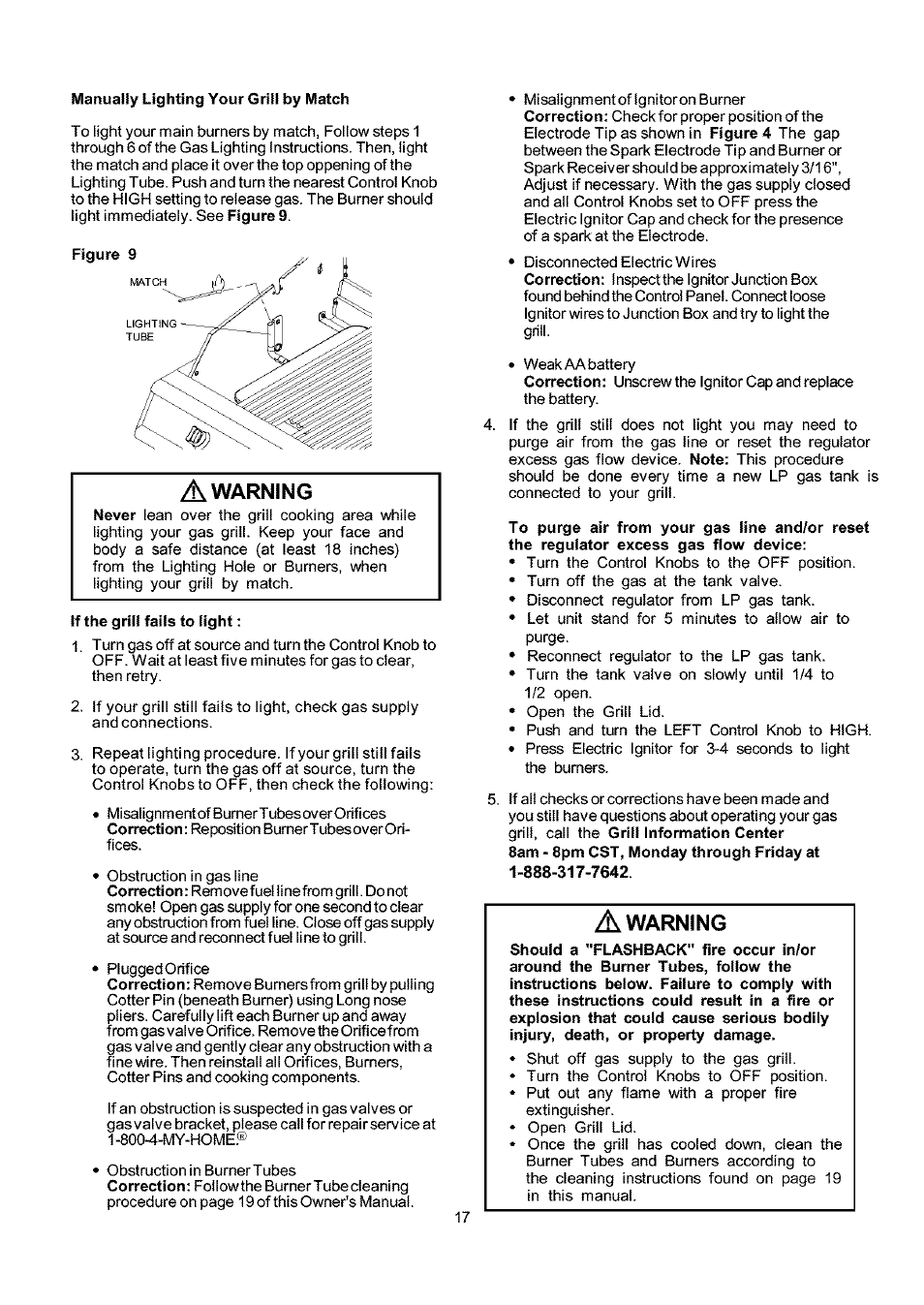 Manually lighting your griii by match, Figure 9, If the grill fails to light | Warning | Kenmore ELITE 141.16681 User Manual | Page 17 / 34