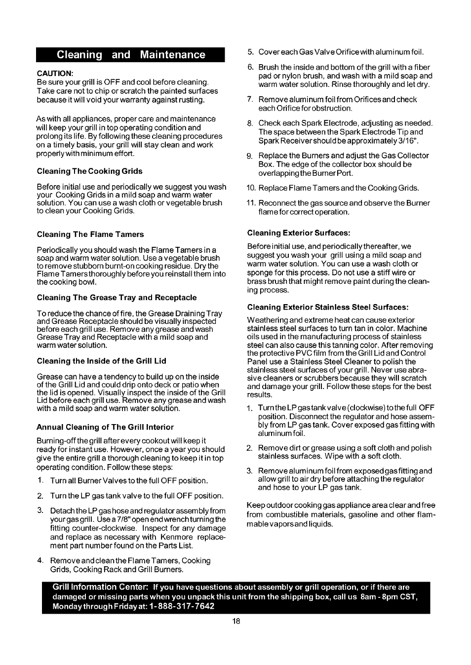 Cleaning and maintenance, Caution, Cleaning the cooking grids | Cleaning the flame tamers, Cleaning the grease tray and receptacle, Cleaning the inside of the griii lid, Annual cleaning of the grill interior, Cleaning exterior surfaces, Cleaning exterior stainless steel surfaces | Kenmore ELITE 141.16681 User Manual | Page 18 / 34