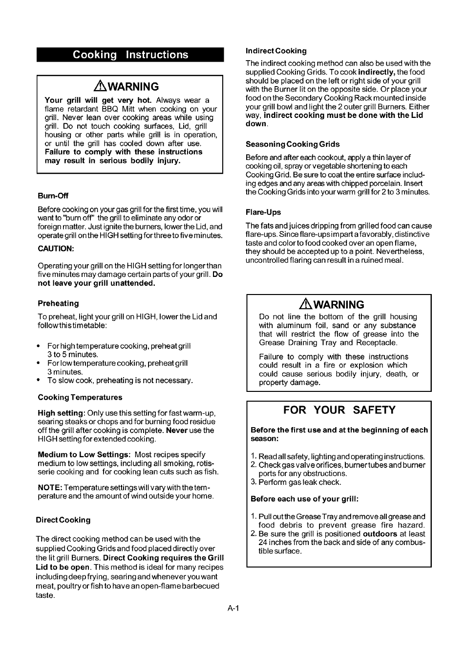 Cooking instructions, Bum-off, Caution | Preheating, Direct cooking, Indirect cooking, Seasoning cooking grids, Flare-ups, Cooking instructions a, For your safety | Kenmore ELITE 141.16681 User Manual | Page 21 / 34