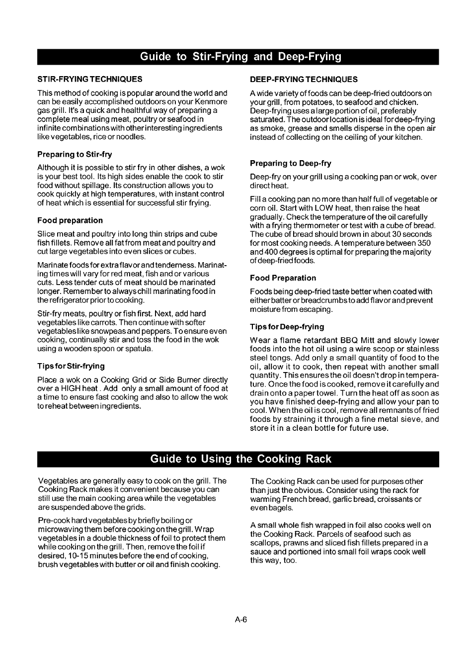 Guide to stir-frying and deep-frying, Stir-frying techniques, Preparing to stir-fry | Food preparation, Tipsforstir-frying, Preparing to deep-fry, Tips for deep-frying, Guide to using the cooking rack | Kenmore ELITE 141.16681 User Manual | Page 26 / 34