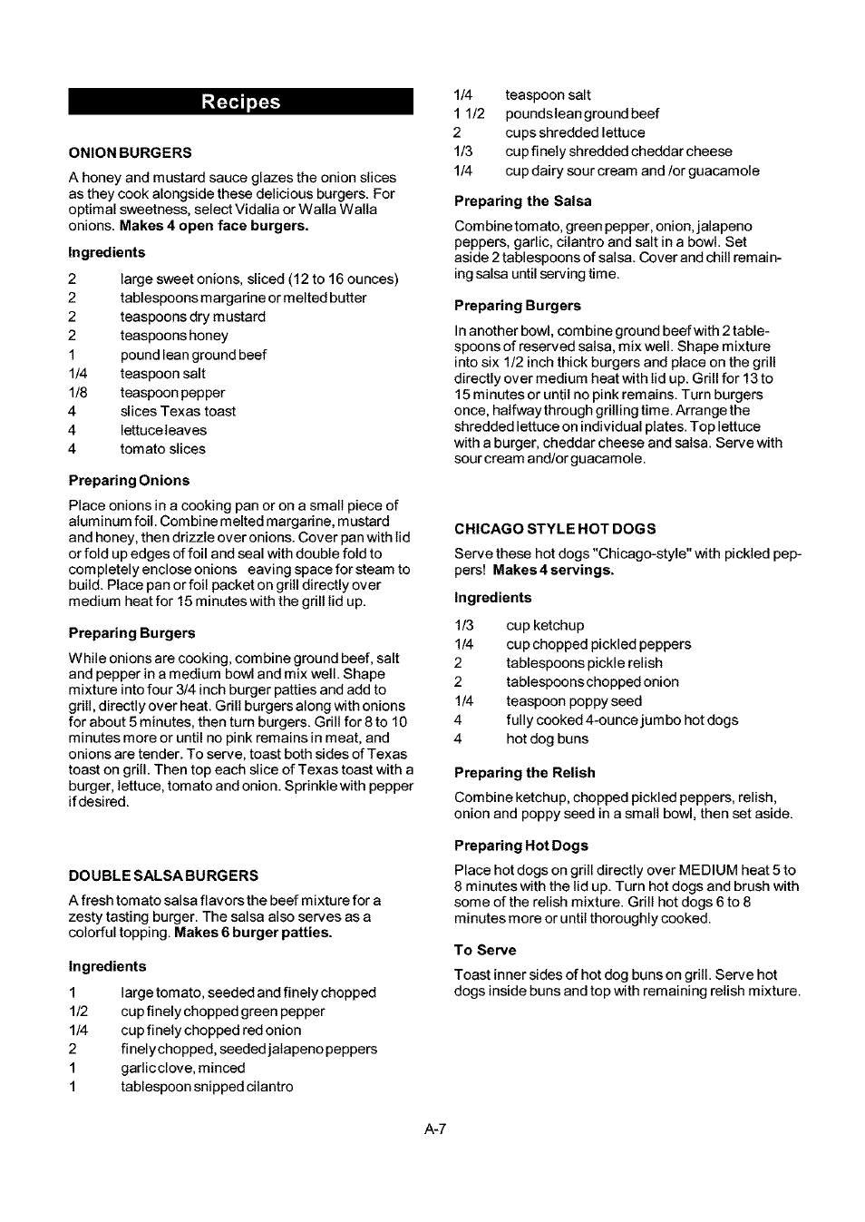 Recipes, Onion burgers, Preparing onions | Preparing burgers, Double salsa burgers, Ingredients, Preparing the salsa, Chicago style hot dogs, Preparing the reiish, Preparing hot dogs | Kenmore ELITE 141.16681 User Manual | Page 27 / 34