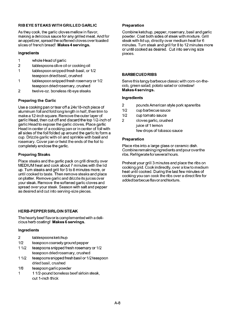 Ingredients, Preparing steaks, Preparation | Herb-pepper sirloin steak | Kenmore ELITE 141.16681 User Manual | Page 28 / 34