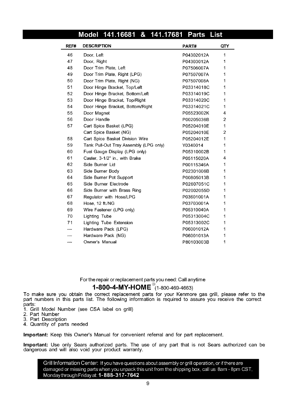 800-4-my-home | Kenmore ELITE 141.16681 User Manual | Page 9 / 34