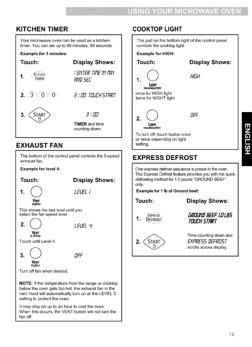 Exhaust fan, Kitchen timer cooktop light, Touch: display shows | Llqhr, Express defrost | Kenmore ULTRA WAVETM 721.64684 User Manual | Page 13 / 69