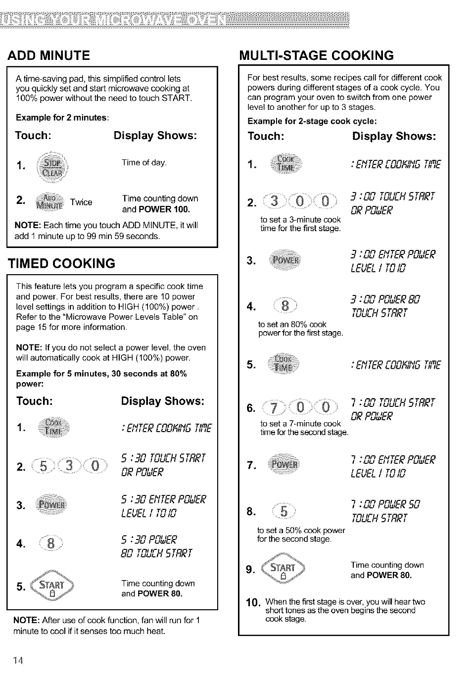 Add minute multi-stage cooking, Timed cooking | Kenmore ULTRA WAVETM 721.64684 User Manual | Page 14 / 69