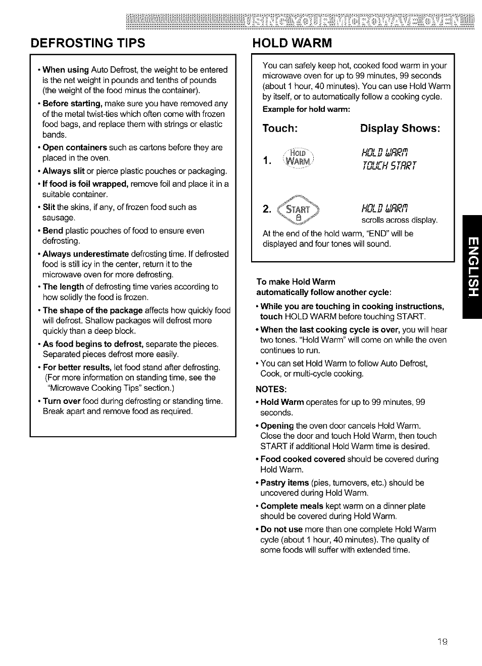 Touch, Display shows, Defrosting tips hold warm | Kenmore ULTRA WAVETM 721.64684 User Manual | Page 19 / 69