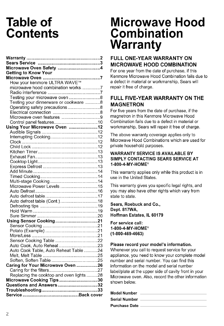 Microwave hood, Combination, Warranty | Kenmore ULTRA WAVETM 721.64684 User Manual | Page 2 / 69