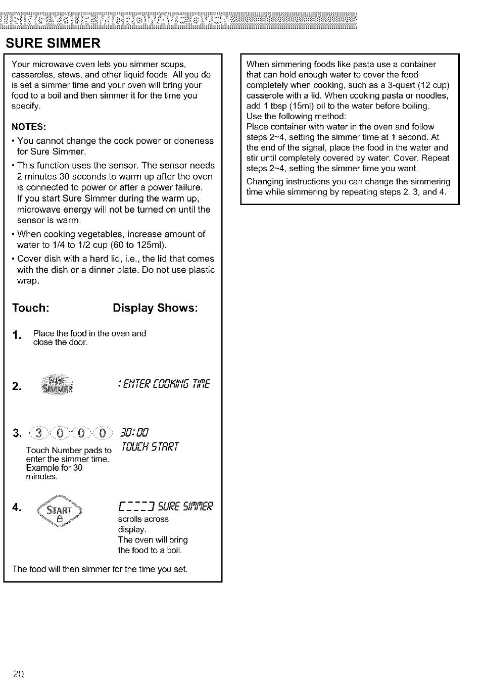 Sure simmer, Touch, Display shows | Sinnsr, Touch: display shows | Kenmore ULTRA WAVETM 721.64684 User Manual | Page 20 / 69