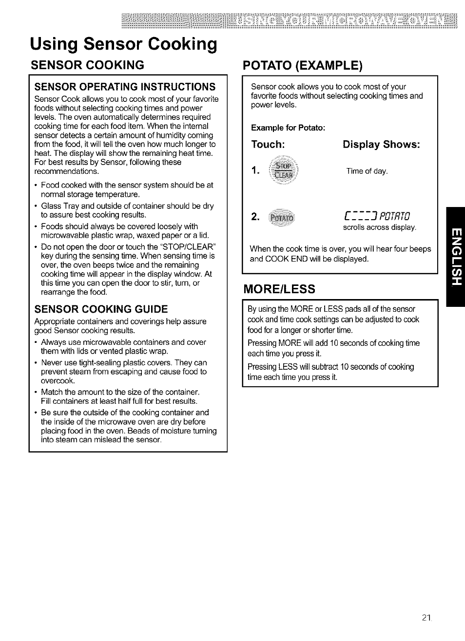 Sensor operating instructions, Sensor cooking guide, Using sensor cooking | Sensor cooking, Potato (example), More/less, Touch: display shows: ^ ■ ■ ìmb | Kenmore ULTRA WAVETM 721.64684 User Manual | Page 21 / 69