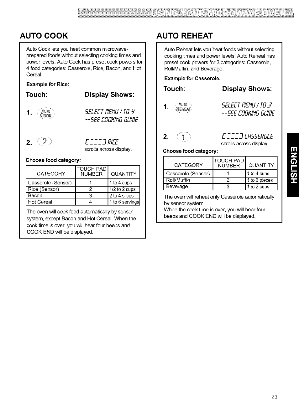 Touch, Display shows, Touch: display shows | Auto cook, Auto reheat, Lzzzj œsserqle | Kenmore ULTRA WAVETM 721.64684 User Manual | Page 23 / 69