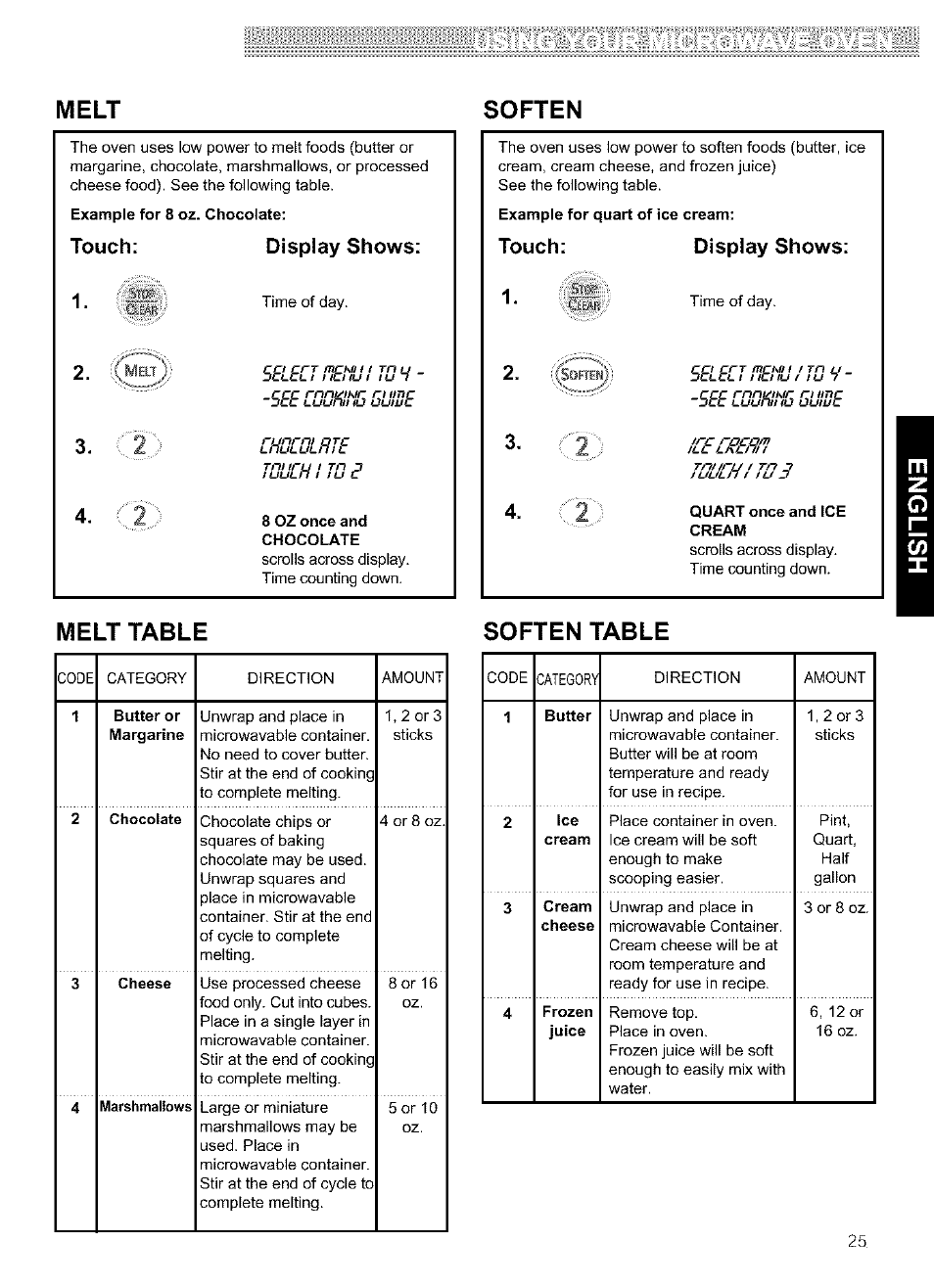 Soften table, Melt table soften table, Melt soften | Touch: display shows, Cl^), Vcilffi, '(soresé | Kenmore ULTRA WAVETM 721.64684 User Manual | Page 25 / 69