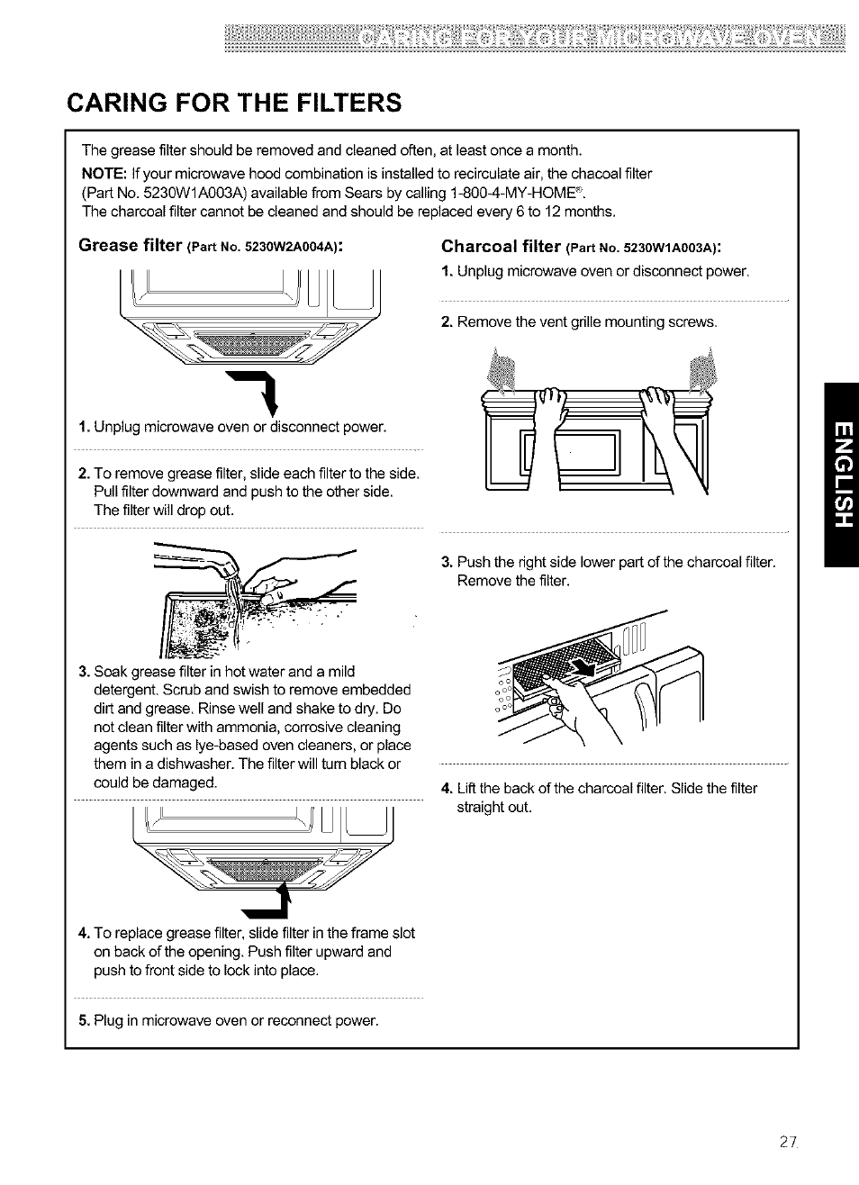 Caring for the filters, Grease filter, Charcoal filter | Kenmore ULTRA WAVETM 721.64684 User Manual | Page 27 / 69