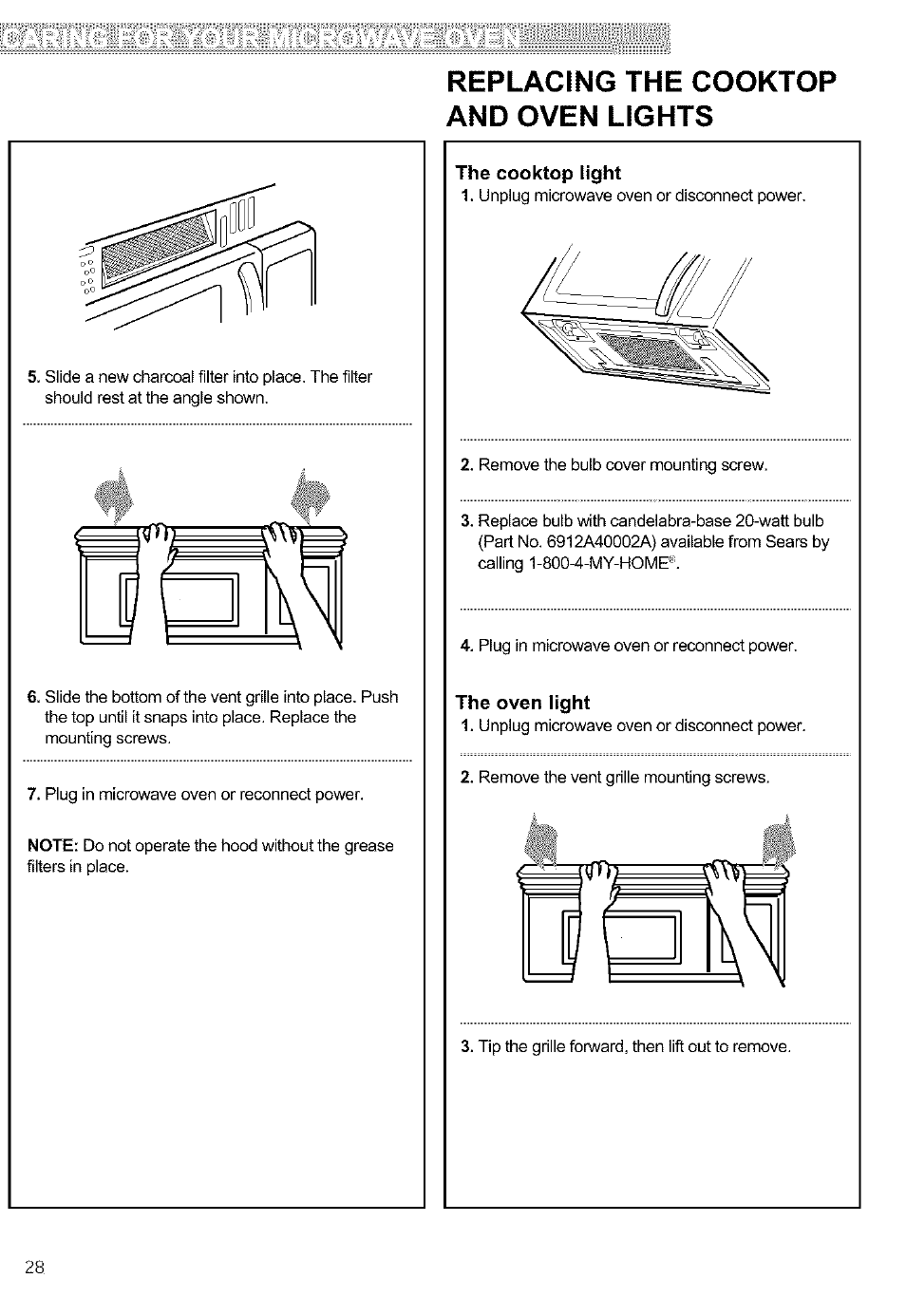 Replacing the cooktop and oven lights | Kenmore ULTRA WAVETM 721.64684 User Manual | Page 28 / 69