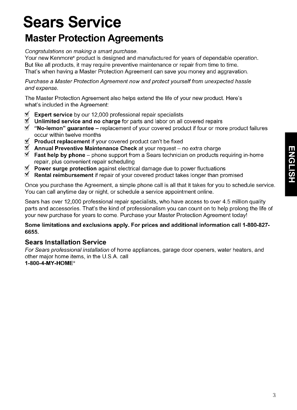 Sears service, Master protection agreements, Sears installation service | Kenmore ULTRA WAVETM 721.64684 User Manual | Page 3 / 69