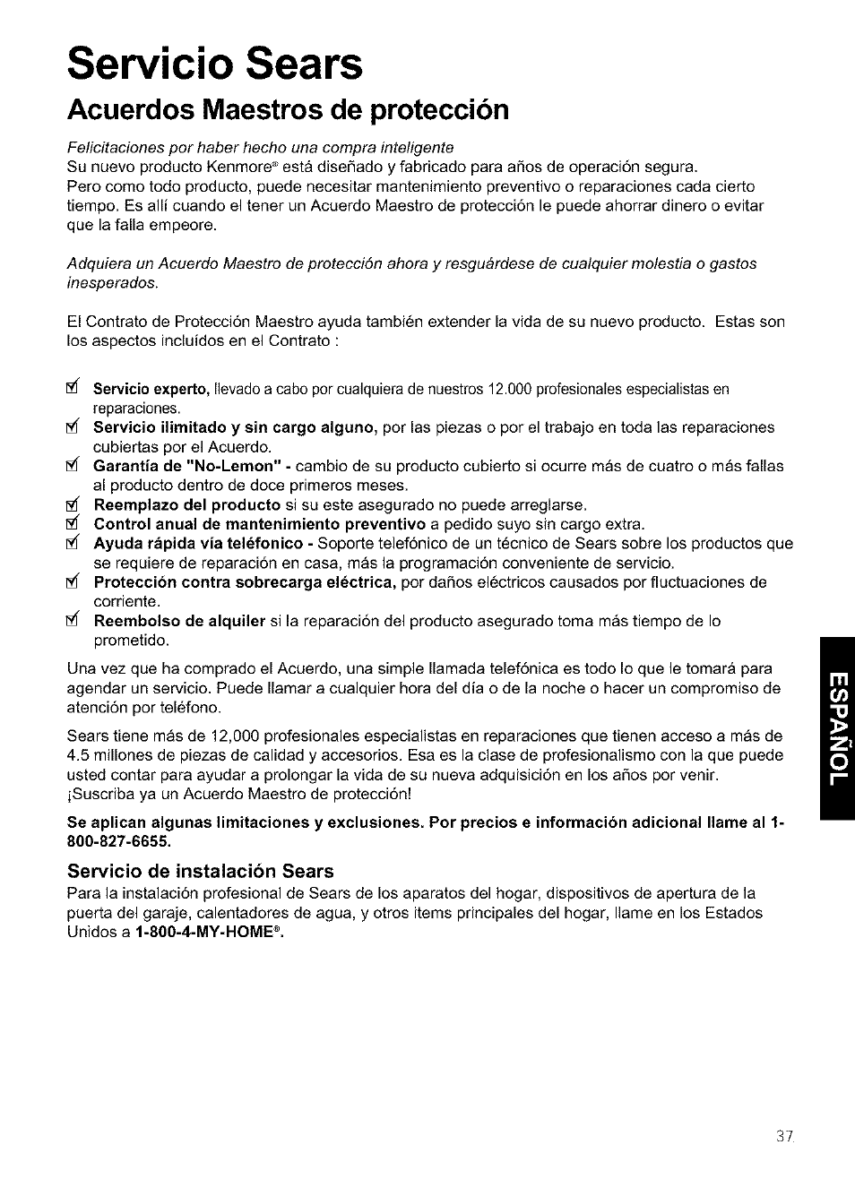 Servicio sears, Acuerdos maestros de protección, Servicio de instalación sears | Kenmore ULTRA WAVETM 721.64684 User Manual | Page 37 / 69