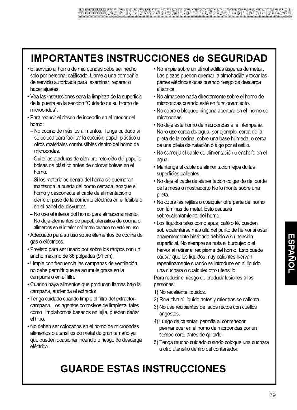 Importantes instrucciones de seguridad, Guarde estas instrucciones | Kenmore ULTRA WAVETM 721.64684 User Manual | Page 39 / 69