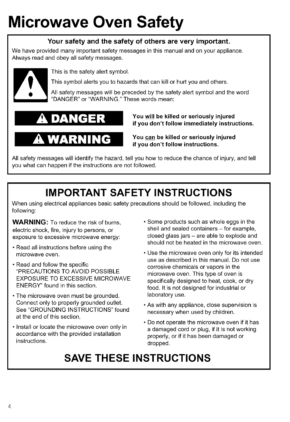 Microwave oven safety, Important safety instructions, Save these instructions | Danger, Warning | Kenmore ULTRA WAVETM 721.64684 User Manual | Page 4 / 69