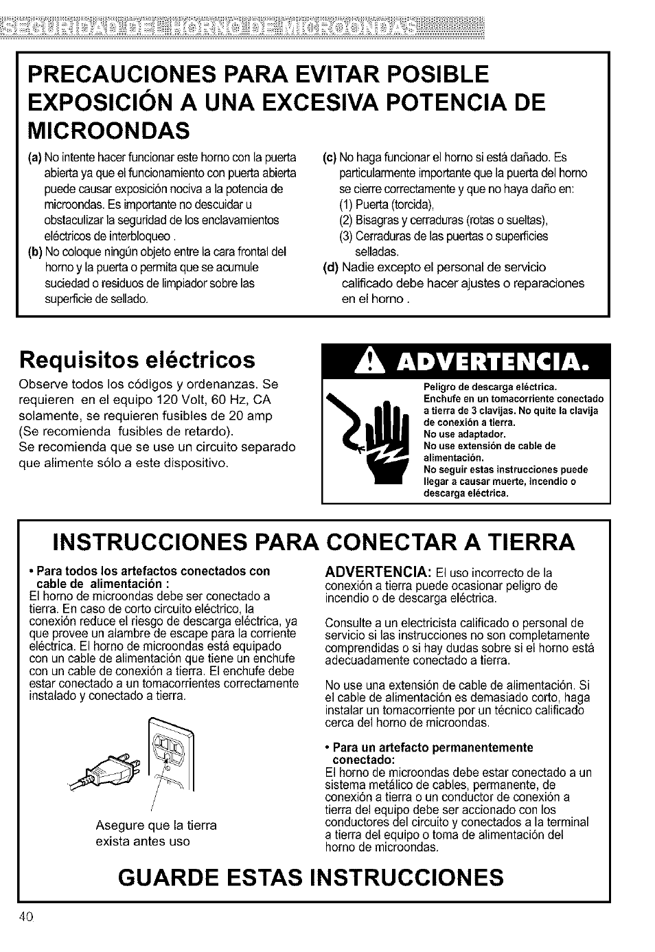 Requisitos eléctricos, Instrucciones para conectar a tierra, Para un artefacto permanentemente conectado | Guarde estas instrucciones, A advertencia | Kenmore ULTRA WAVETM 721.64684 User Manual | Page 40 / 69