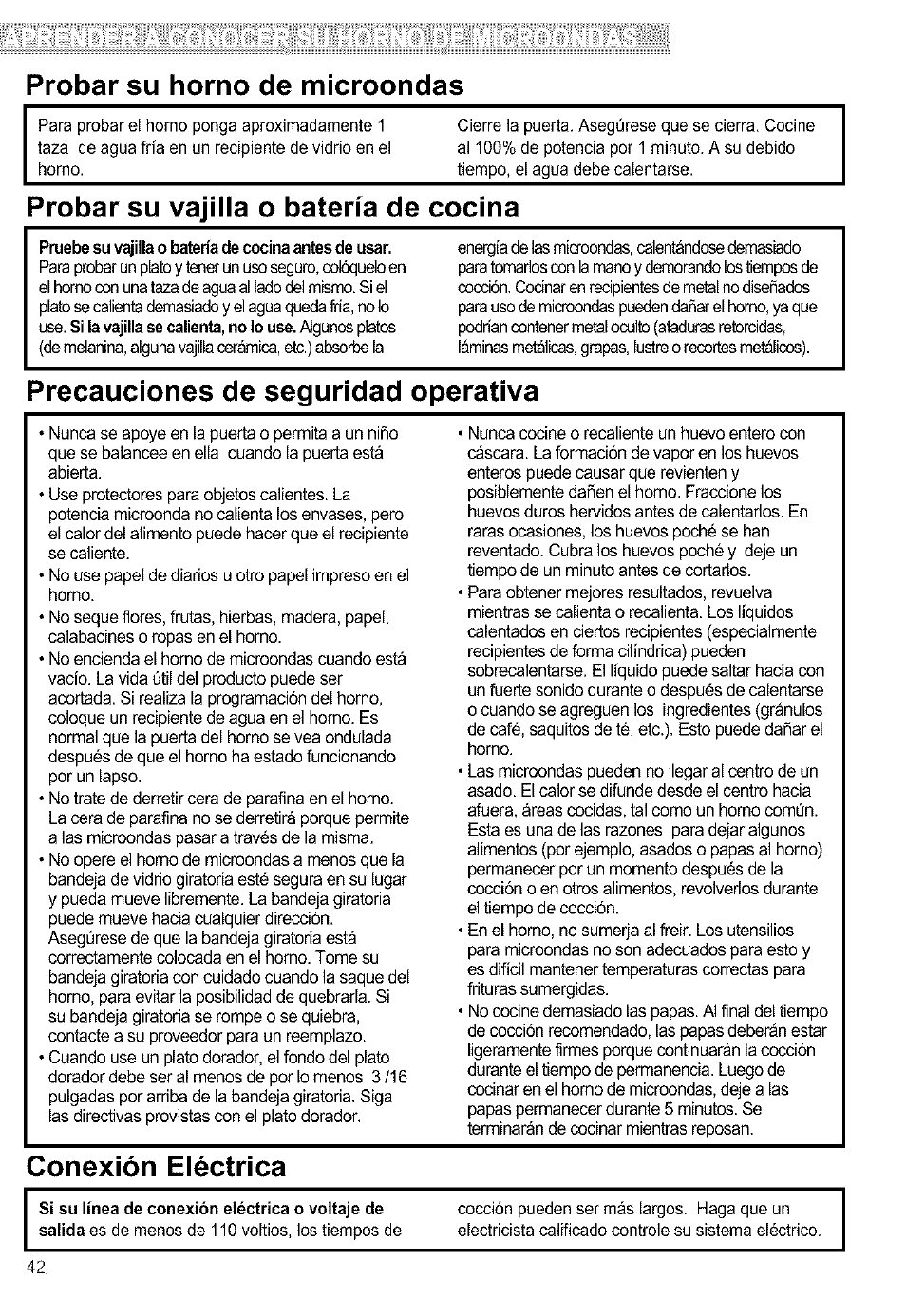 Probar su horno de microondas, Probar su vajilla o batería de cocina, Precauciones de seguridad operativa | Conexión eléctrica | Kenmore ULTRA WAVETM 721.64684 User Manual | Page 42 / 69