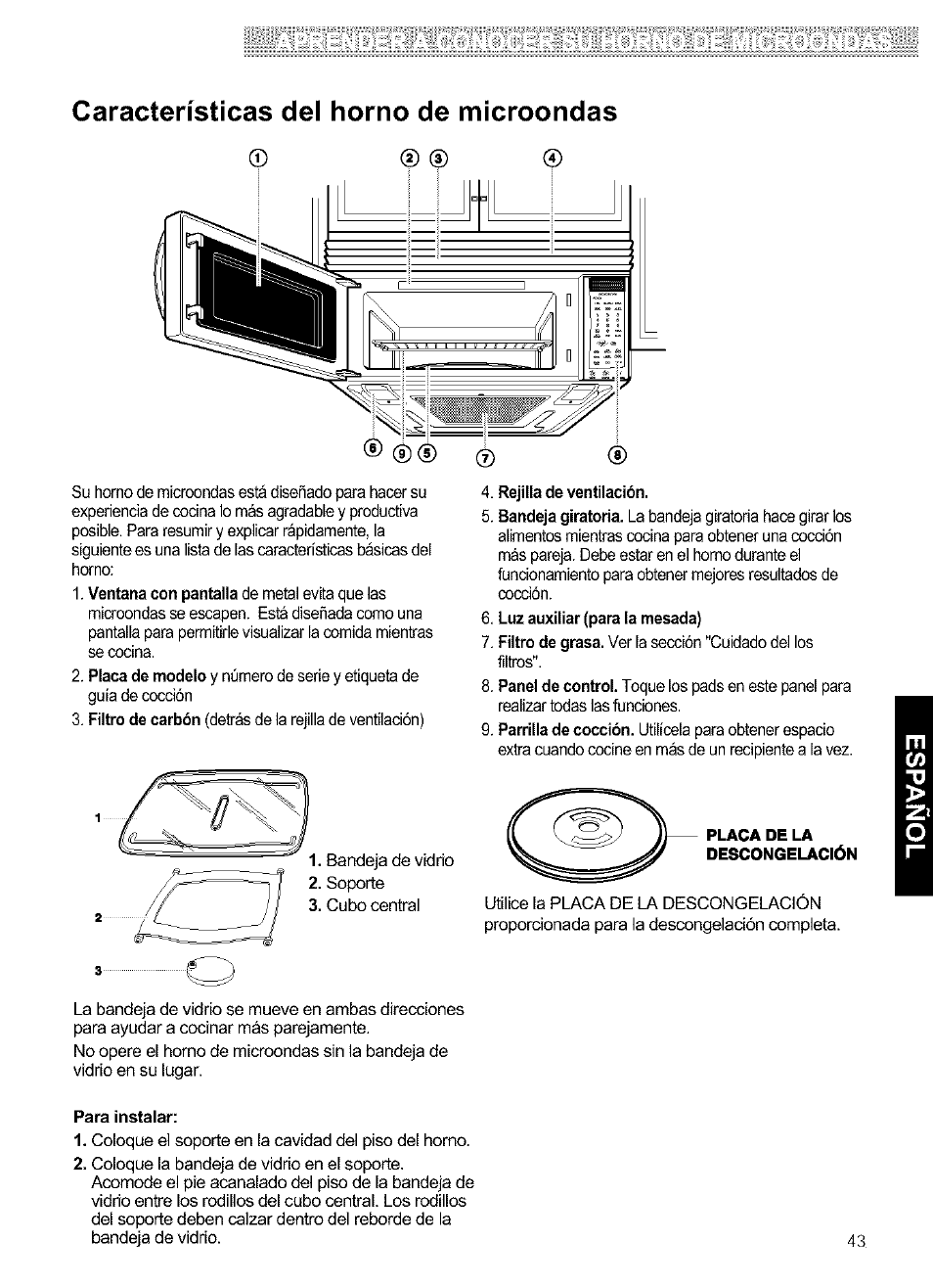 Características del horno de microondas, Rejilla de ventilación, Luz auxiliar (para la mesada) | Para instalar | Kenmore ULTRA WAVETM 721.64684 User Manual | Page 43 / 69