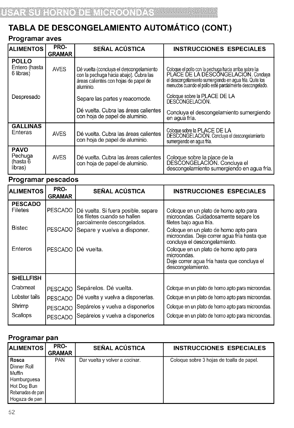 Programar pescados, Programar pan, Tabla de descongelamiento automatico (cont.) | Kenmore ULTRA WAVETM 721.64684 User Manual | Page 52 / 69