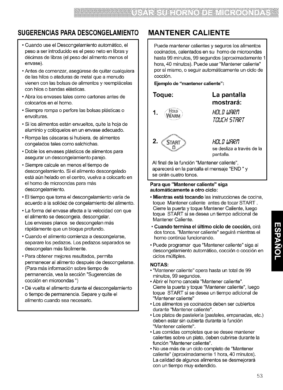 Toque, La pantalla mostrará, Toque: la pantalla mostrará | Kenmore ULTRA WAVETM 721.64684 User Manual | Page 53 / 69