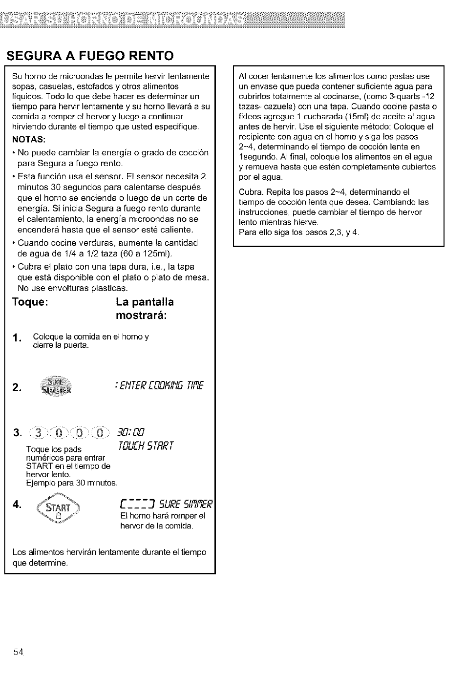 Toque: la pantalla, Mostrará, Segura a fuego rento | Sinnsr, Toque: la pantalla mostrará, Sure | Kenmore ULTRA WAVETM 721.64684 User Manual | Page 54 / 69