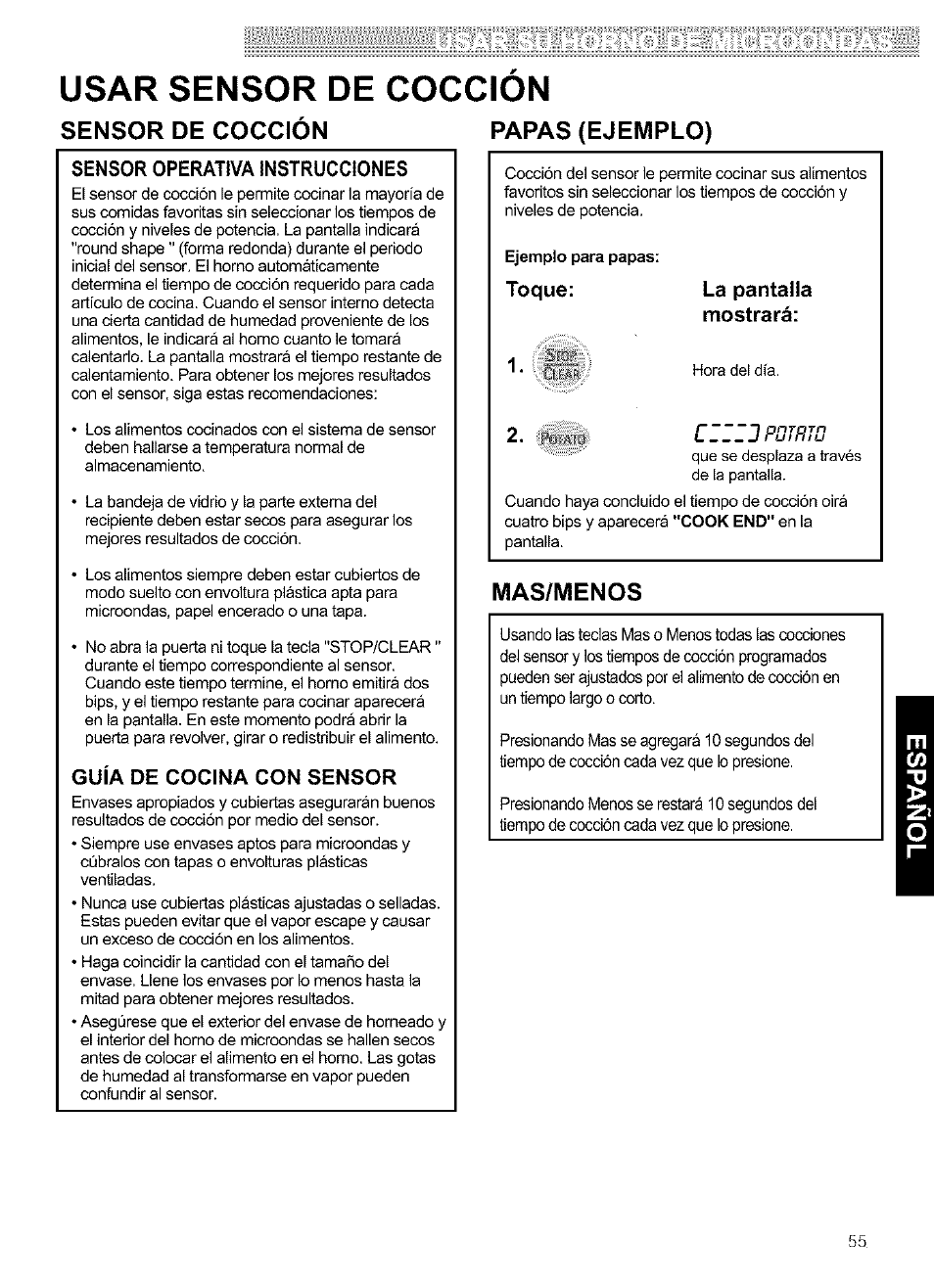 Sensor operativa instrucciones, Guía de cocina con sensor, Toque | La pantalla mostrará, Usar sensor de coccion, Sensor de cocción papas (ejemplo), Mas/menos | Kenmore ULTRA WAVETM 721.64684 User Manual | Page 55 / 69