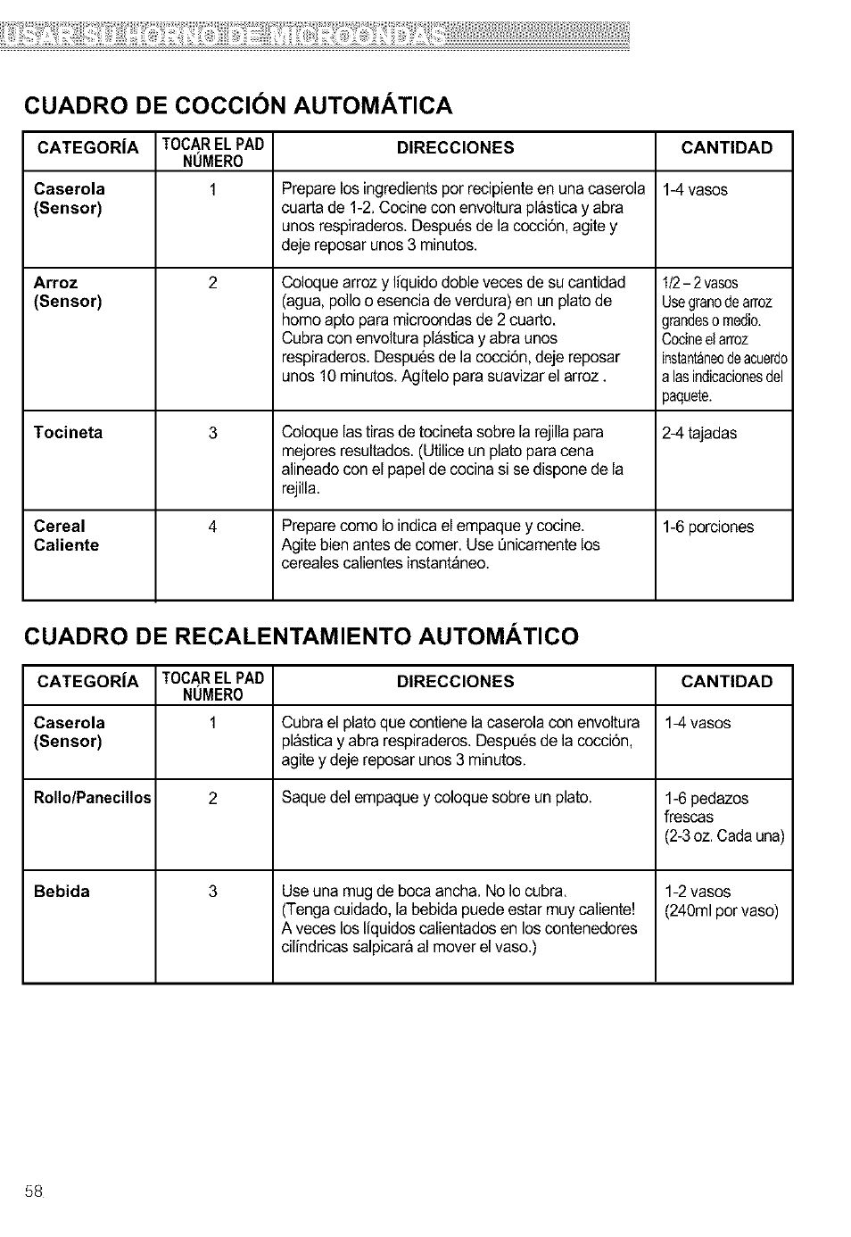 Cuadro de recalentamiento automatico, Cuadro de coccion automatica | Kenmore ULTRA WAVETM 721.64684 User Manual | Page 58 / 69