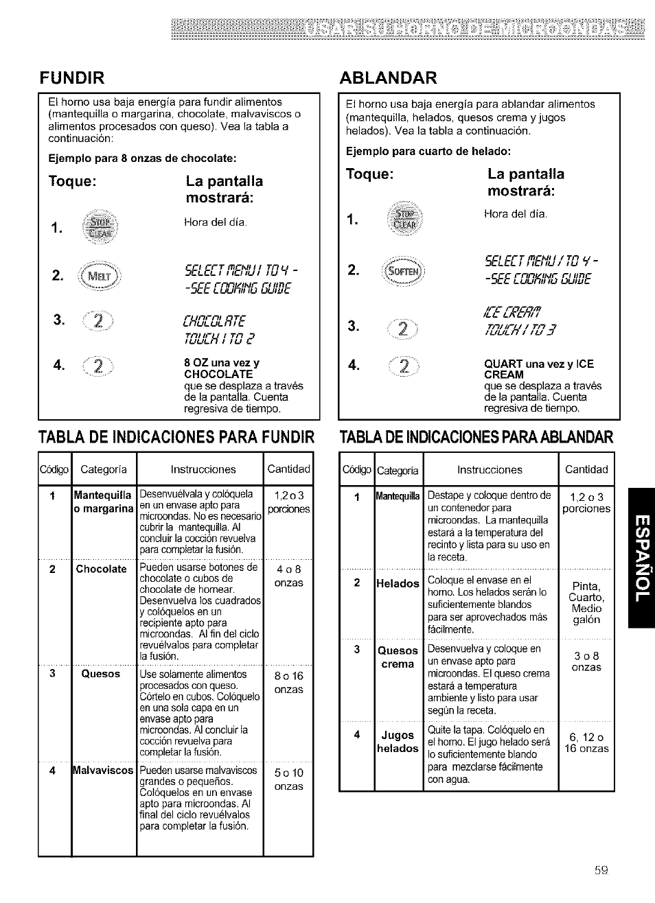 Fundir ablandar, Toque: la pantalla mostrará, (( meiij) | Kenmore ULTRA WAVETM 721.64684 User Manual | Page 59 / 69