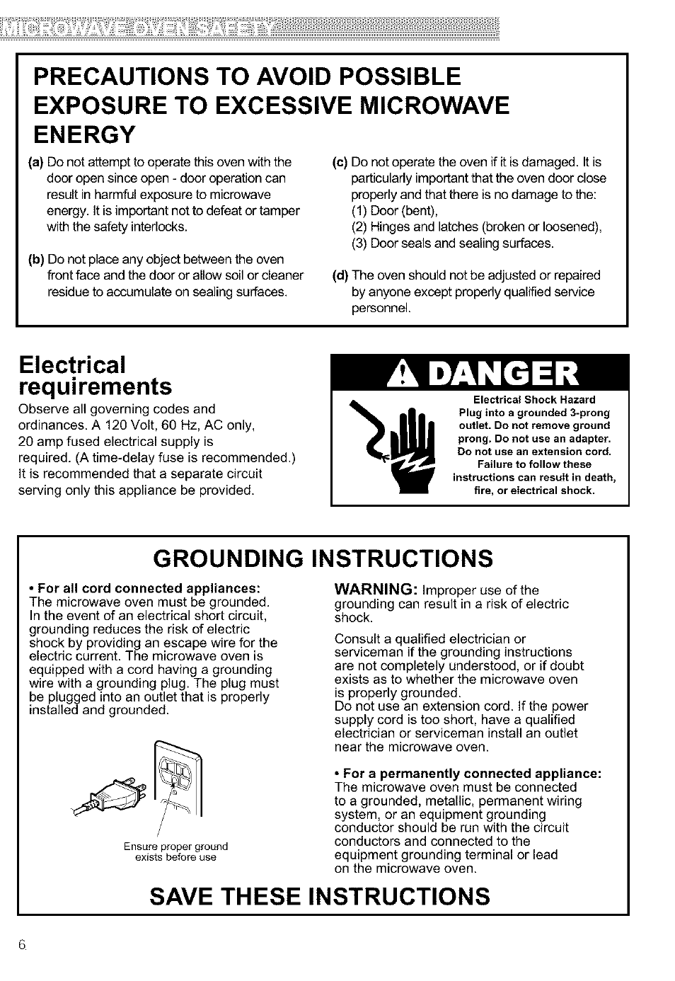 Electrical, Requirements, Grounding instructions | For all cord connected appliances, For a permanently connected appliance, Save these instructions, A danger, Electrical requirements | Kenmore ULTRA WAVETM 721.64684 User Manual | Page 6 / 69