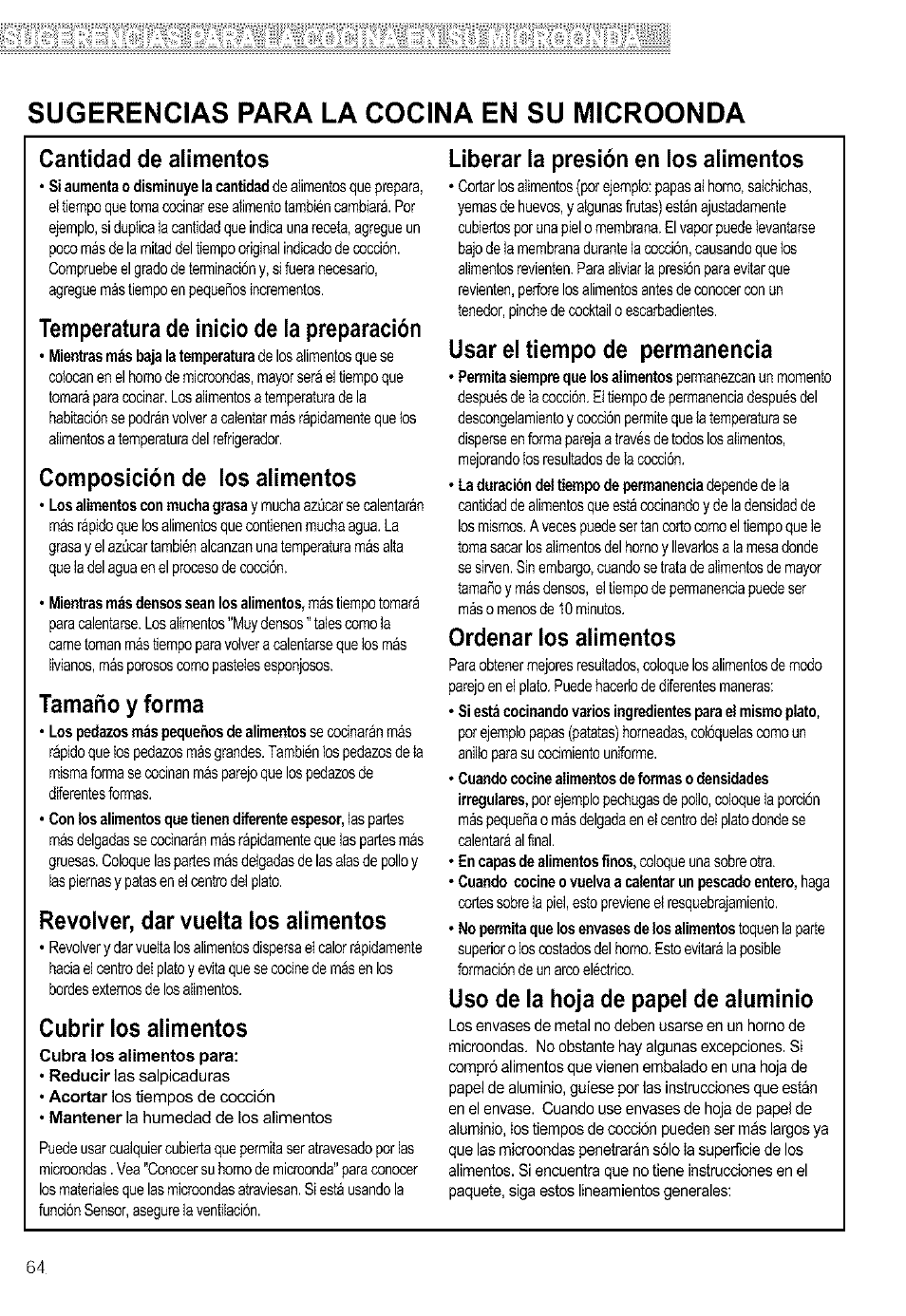 Sugerencias para la cocina en su microonda, Cantidad de alimentos, Temperatura de inicio de la preparación | Composición de los alimentos, Tamaño y forma, Revolver, dar vuelta los alimentos, Cubrir los alimentos, Liberar la presión en los alimentos, Usar el tiempo de permanencia, Ordenar los alimentos | Kenmore ULTRA WAVETM 721.64684 User Manual | Page 64 / 69