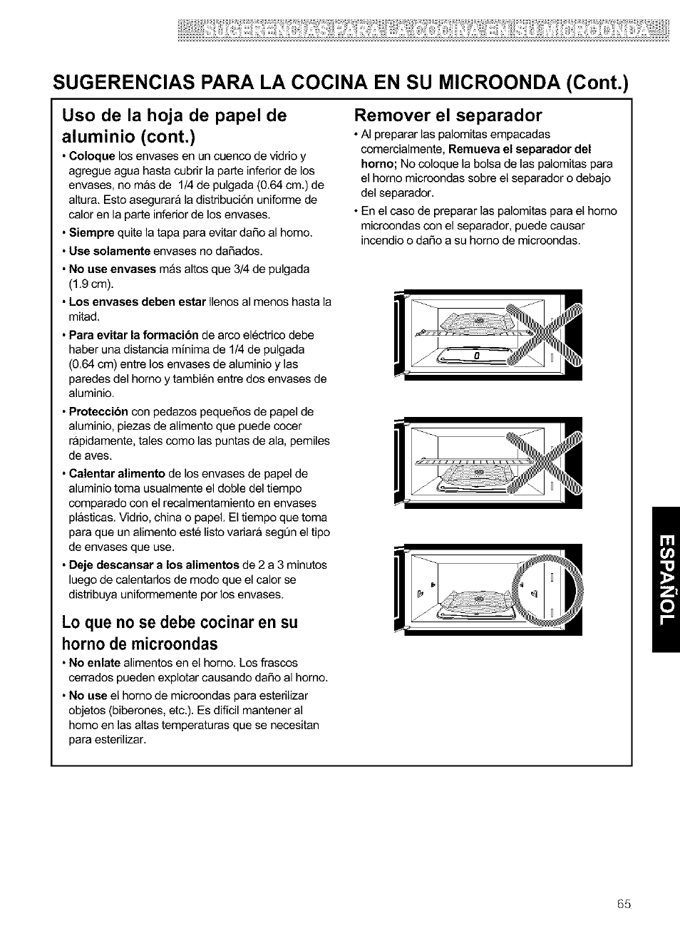 Sugerencias para la cocina en su microonda (cont.), Uso de la hoja de papel de aluminio (cont.), Remover el separador | Kenmore ULTRA WAVETM 721.64684 User Manual | Page 65 / 69