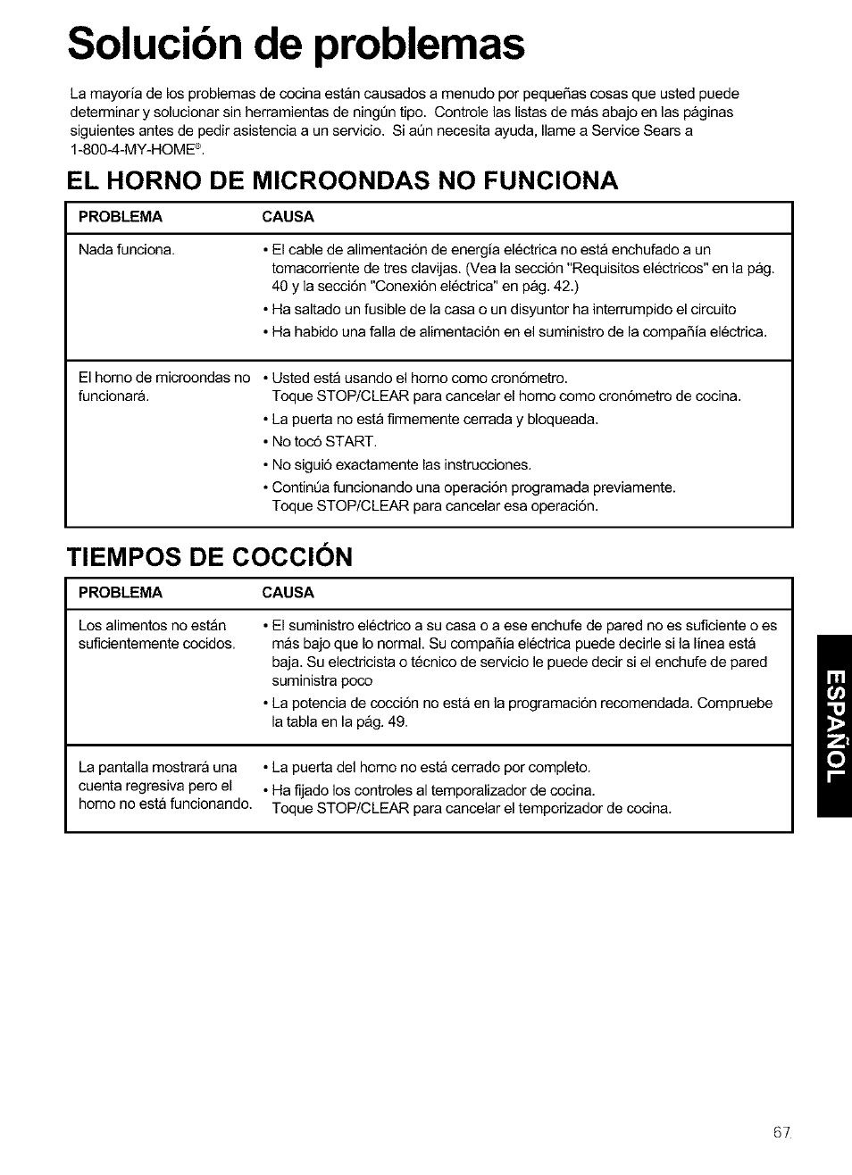 Solución de problemas, El horno de microondas no funciona, Tiempos de coccion | Kenmore ULTRA WAVETM 721.64684 User Manual | Page 67 / 69