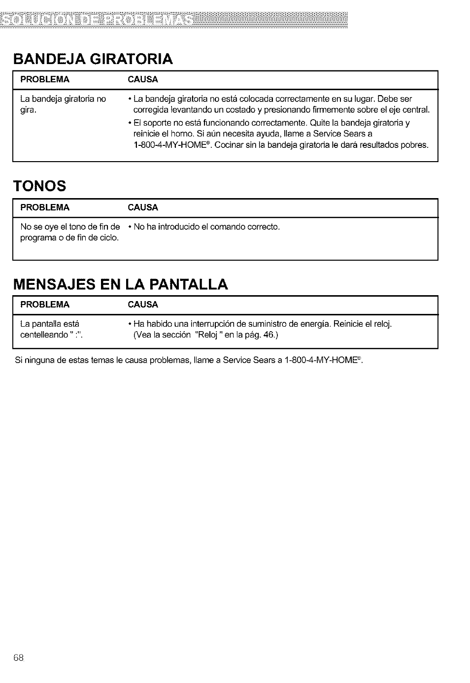 Bandeja giratoria, Tonos, Mensajes en la pantalla | Kenmore ULTRA WAVETM 721.64684 User Manual | Page 68 / 69