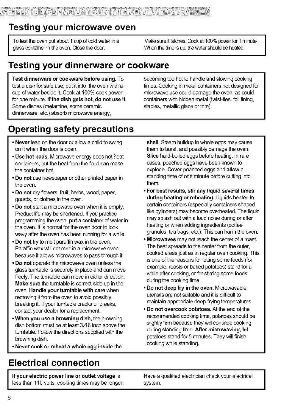 Testing your microwave oven, Testing your dinnerware or cookware, Test dinnerware or cookware before using. to | Operating safety precautions, Electrical connection, If your electric power line or outlet voltage is | Kenmore ULTRA WAVETM 721.64684 User Manual | Page 8 / 69