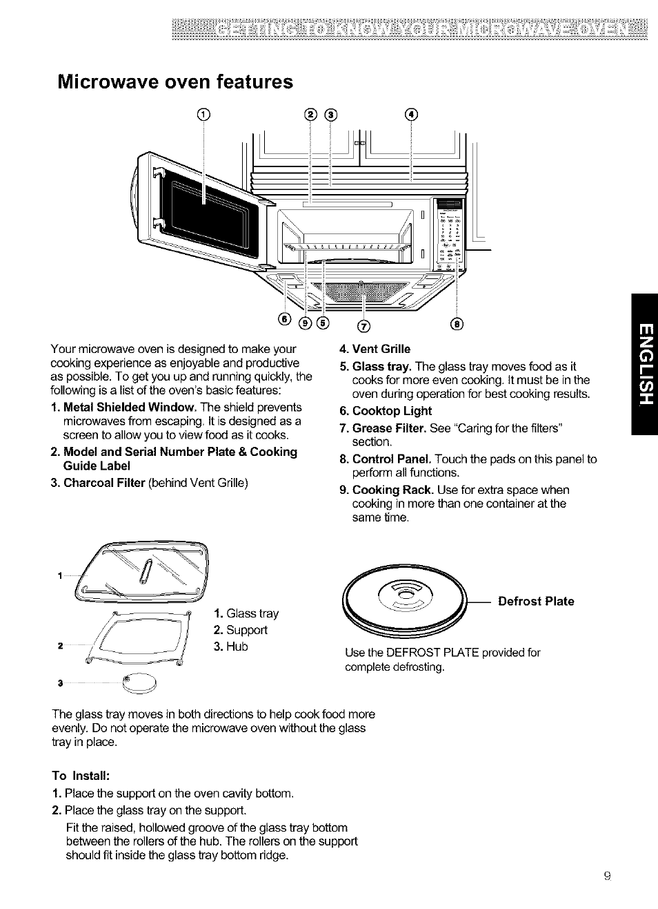 Microwave oven features, Vent grille, Cooktop light | To install | Kenmore ULTRA WAVETM 721.64684 User Manual | Page 9 / 69