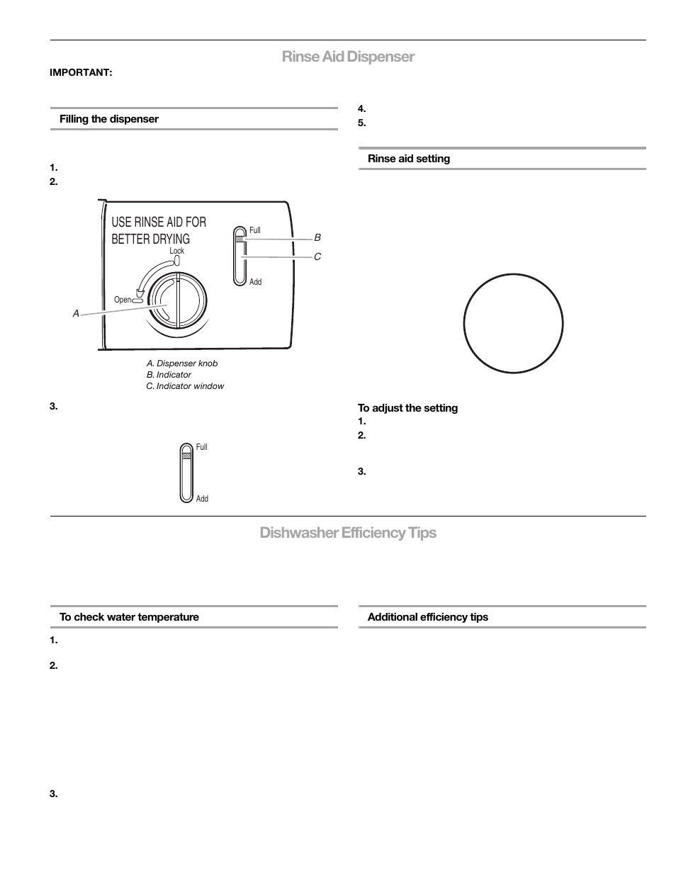 Rinse aid dispenser, Dishwasher efficiency tips, Use rinse aid for better drying | Kenmore 665.1376 User Manual | Page 14 / 23