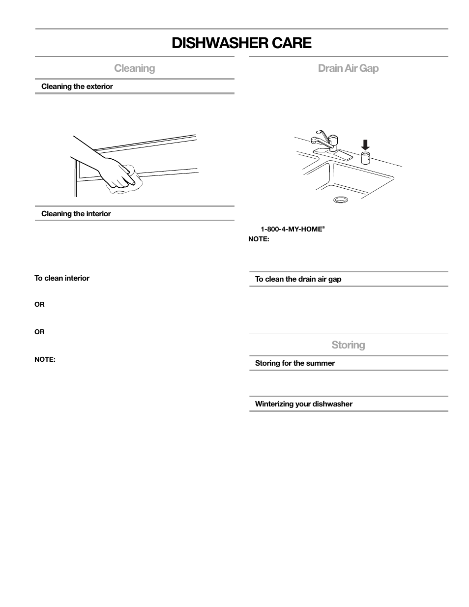 Dishwasher care, Cleaning, Drain air gap | Storing | Kenmore 665.1376 User Manual | Page 20 / 23